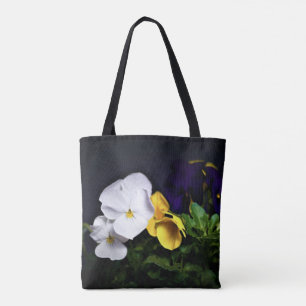 Bolso De Tela Pansias blancas amarillas y moradas
