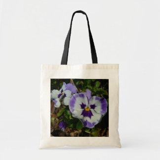Bolso De Tela Pansias moradas y blancas con flores coloridas