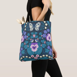 Bolso De Tela Pansias, pájaros y mariposas
