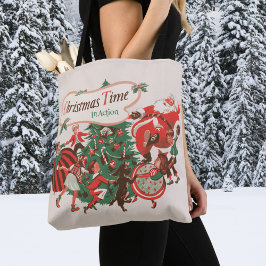 Bolso De Tela Papá Noel vintage de Navidad y niños bailando