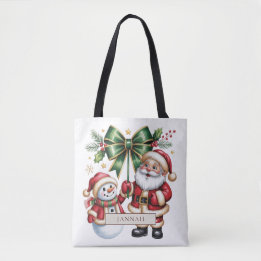 Bolso De Tela Papá Noel y muñeco de nieve con lazo verde de Navi