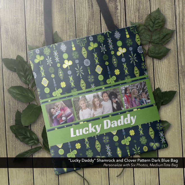 Bolso De Tela "Papi afortunado" Shamrock Clover Pattern Foto azu ("Lucky Daddy" Shamrock and Clover Pattern Dark Blue Bag: Personalize with 6 different photos.)