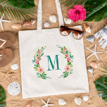 Bolso De Tela Paraíso Floral Monograma<br><div class="desc">Boda personalizada de bolsos de regalo de novia personalizada con el texto inicial de su monograma u otro texto personalizado. Este elegante diseño femenino cuenta con flores de flores de flores y vegetación tropical de color acuático. Utilice las herramientas de diseño para personalizar cada monograma, elija cualquier color de fondo,...</div>