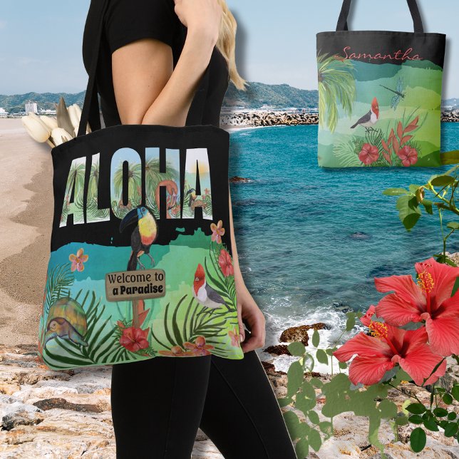 Bolso De Tela Paraíso tropical Aloha personalizado de doble cara (Zazzle Personalized Aloha Tropical Paradise Tote Bag)