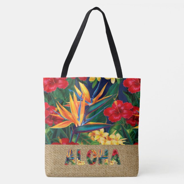 Bolso De Tela Paraíso tropical Hawaiano: Apliqué Floral (Anverso)