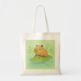 Bolso De Tela (parcial) Chill Brown Capybara sobre el cocodrilo