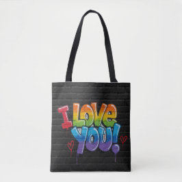Bolso De Tela Pared de ladrillo negro con grafiti “¡Te amo!”