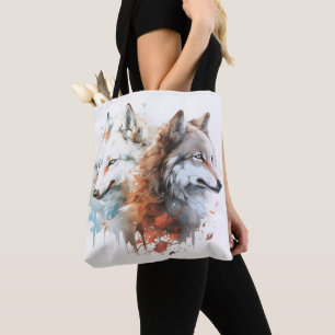Bolso De Tela Pareja Acuarela Naturaleza Lobo