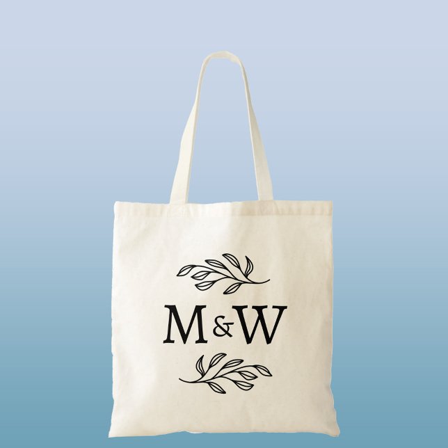 Bolso De Tela Pareja boda Monograma Elegante Botánico (Wedding couple monogram initials personalized botanical leaf sprig welcome or favor budget tote bag)