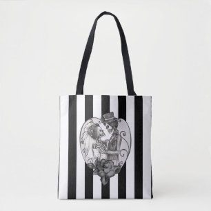 Bolso De Tela Pareja de amor de esqueleto a rayas baile de boda
