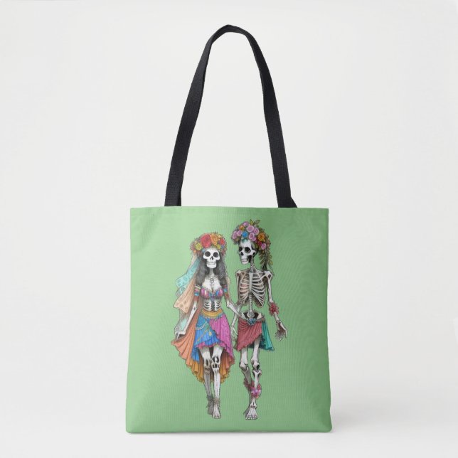 Bolso De Tela Pareja Hippie Skeleton (Anverso)