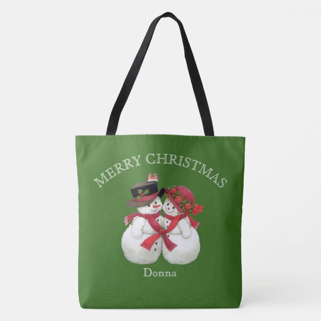 Bolso De Tela Pareja Snowman, Feliz Navidad (Anverso)