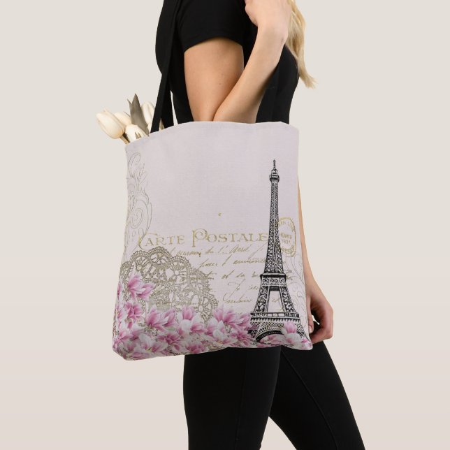 Bolso De Tela París Francia Viajes Torre Eiffel con flores Rosas (Detalle)