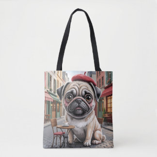 Bolso De Tela Parisian Pug at Sidewalk Cafe