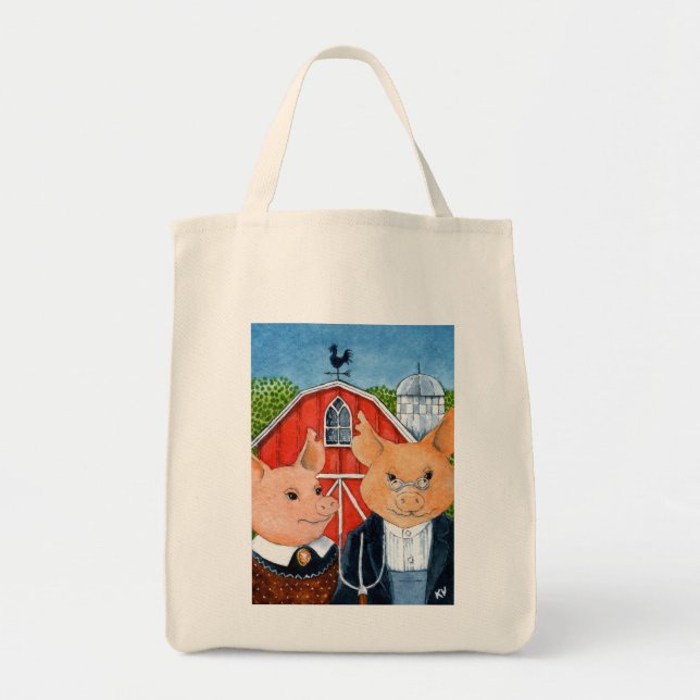 Bolso De Tela Parodia gótica americana, cerdos, granero, granja (Frente)