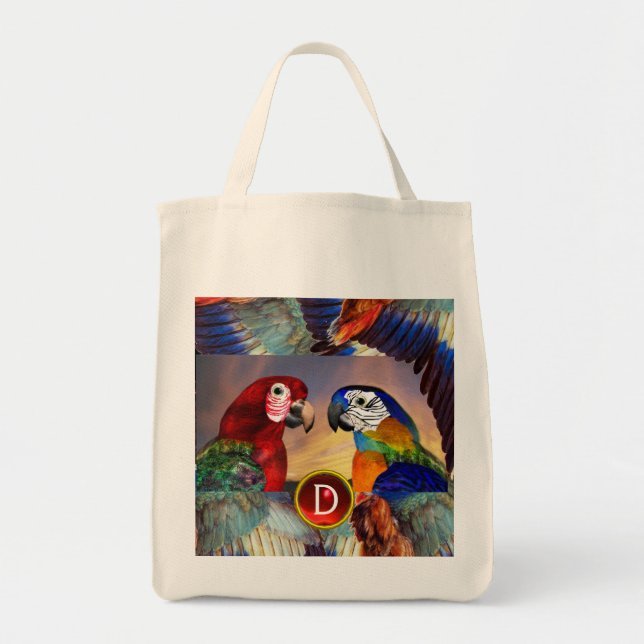 BOLSO DE TELA PARROS HIPEROS/ARA ROJA Y AZUL (Frente)