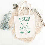 Bolso De Tela Partida hecha en el cielo de golf Bachelorette Bri<br><div class="desc">¿Busca el accesorio perfecto para la fiesta de soltera con temática de tenis? No hay más que ver nuestro "Match Made in Heaven" tenis bachelorette bride tote bag! Esta elegante y práctica bolsa de té es el lugar perfecto para cualquier futura novia amante del tenis. La bolsa de tocador, elaborada...</div>