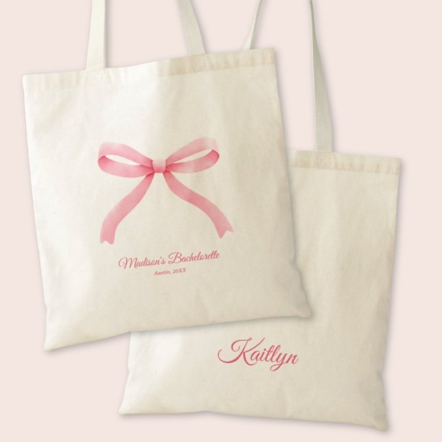 Bolso De Tela Partido Bachelorette, Personalizado de Pink Bow Gi (Pink Bow Girly Coquette Custom Bachelorette Party Tote Bag
)
