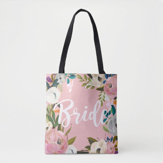 Bolso De Tela Partido de la boda floral con cepillo de novia ros (Anverso)