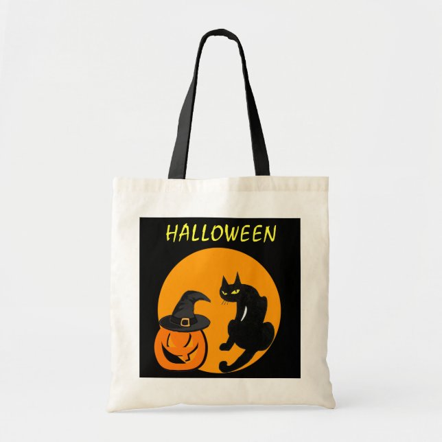 BOLSO DE TELA PARTIDO HALLOWEEN DE CAT EN NEGRO (Frente)