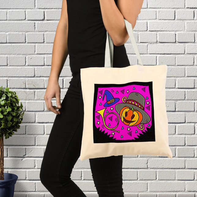Bolso De Tela Partido Halloween Jack O'Lantern y Bugle Purple (Halloween Party Jack O'Lantern and Bugle Purple Tote Bag)