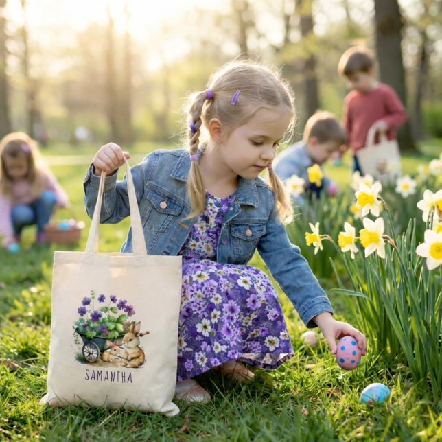 Bolso De Tela Pascua Chica de conejitos burdeos personalizada (Personalized Cute Bunnies Girl Easter Tote Bag)