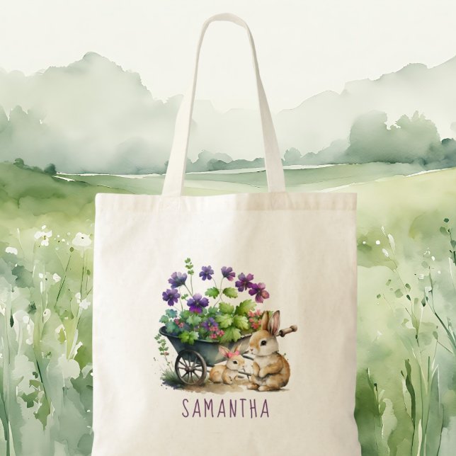 Bolso De Tela Pascua Chica de conejitos burdeos personalizada (Personalized Cute Bunnies Girl Easter Tote Bag)