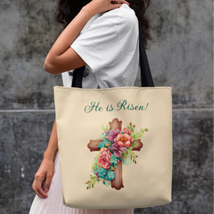 Bolso De Tela Pascua: Cruz Floral "He is Risen"