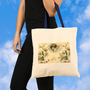 Bolso De Tela Pascua vintage, flores de lirio victorianas y ánge