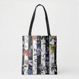 Bolso De Tela Passiflora Colorida sobre Rayas Blancas y Negras