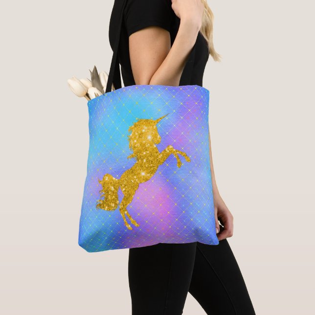 Bolso De Tela Pastel de arcoiris y unicornio de oro (Detalle)