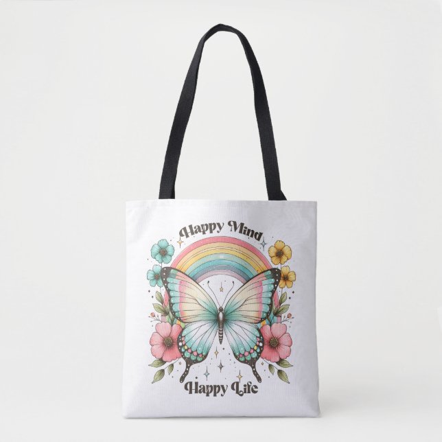 Bolso De Tela Pastel Hippie "Happy Mind Happy Life" (Anverso)