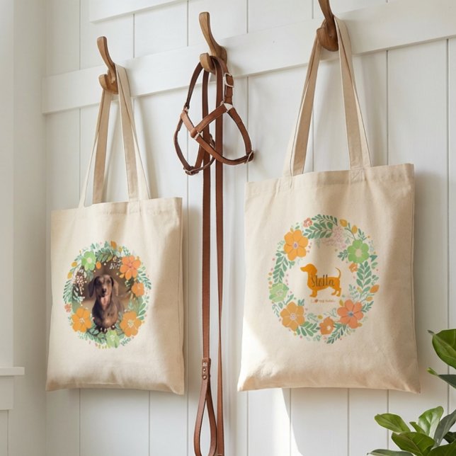 Bolso De Tela Pastel Orange Dachshund Floral Tote – Custom Photo (Subido por el creador)