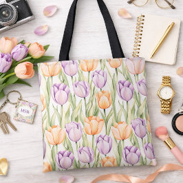 Bolso De Tela Pastel Peach Purple Tulips Pattern Spring Floral 