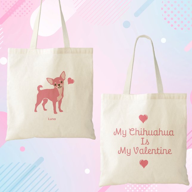 Bolso De Tela Pastel Pink Chihuahua Valentine Tote, Custom Name (Subido por el creador)