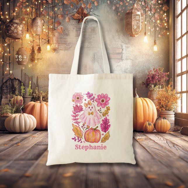 Bolso De Tela Pastel Pink Halloween Ghost with Custom Name (Subido por el creador)