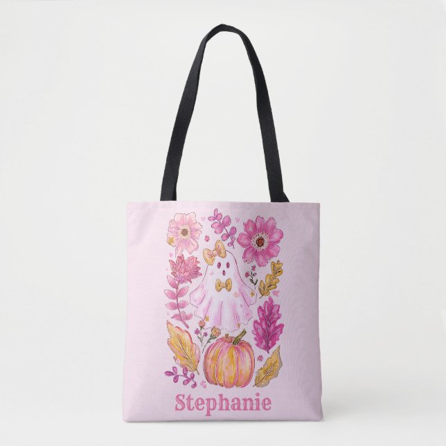 Bolso De Tela Pastel Pink Halloween Ghost with Custom Name (Anverso)