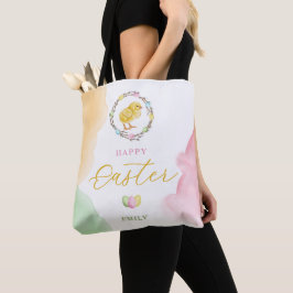 Bolso De Tela Pastel Watercolor Spots And Chick Happy Easter