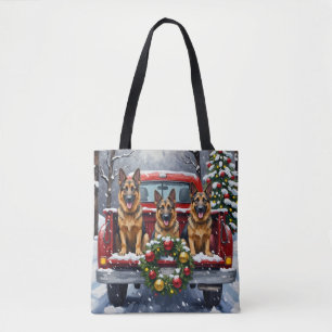 Bolso De Tela Pastor Alemán Camión Rojo Navidad Fiesta