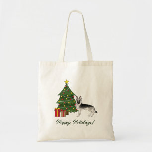 Bolso De Tela Pastor Alemán Sable Plateado Y Navidad Verde