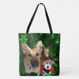 Bolso De Tela Pastor Alemán Toy Reindeer Green Snowflakes