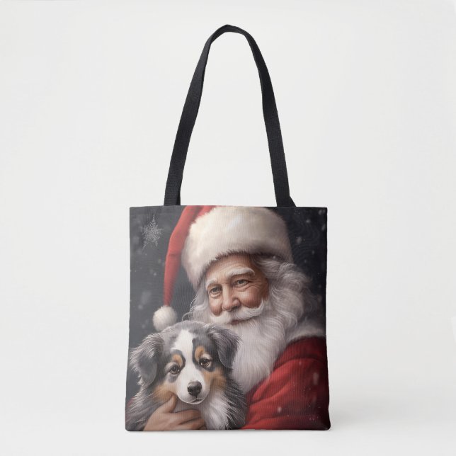 Bolso De Tela Pastor australiano con Navidades de Santa Claus (Anverso)