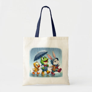 Bolso De Tela Pato lindo, rana, conejito bajo la lluvia