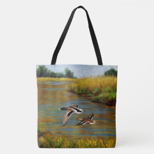 Bolso De Tela Patos Mallard Volando Sobre El Estanque