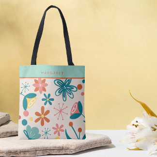 Bolso De Tela Patrón abstracto retro vintage floral verde salvia