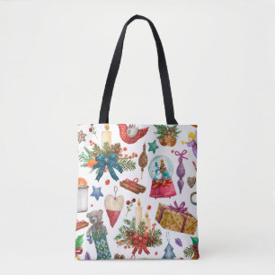Bolso De Tela Patrón acuarela con adorno navideño vintage