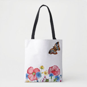 Bolso De Tela Patrón acuarela con flores silvestres dibujadas a 