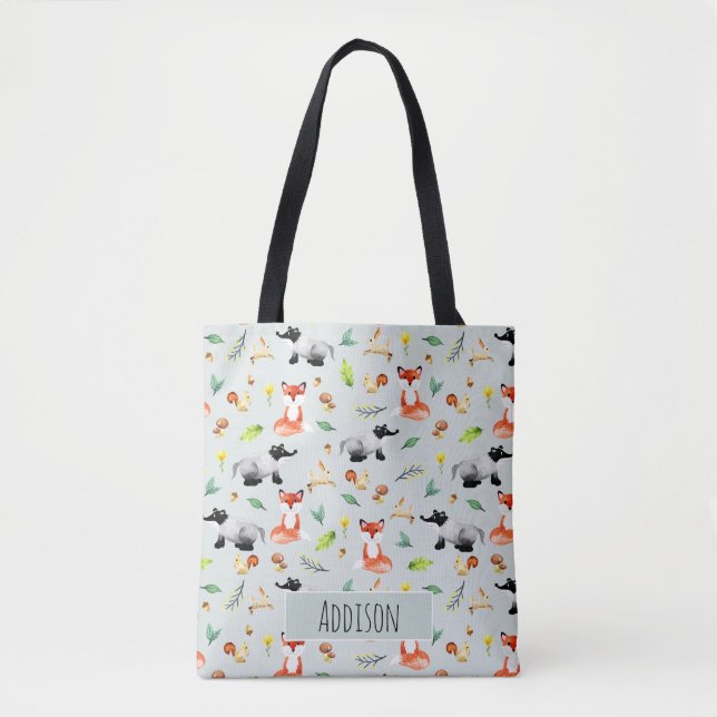 Bolso De Tela Patrón animal de bosque de bosques y nombre niños (Anverso)