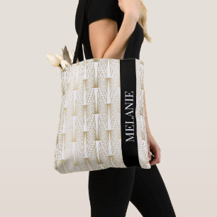 Bolso De Tela Patrón Art Deco dorado y blanco