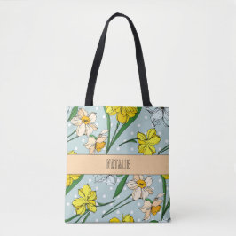 Bolso De Tela Patrón azul retro floral monogramado de bonito